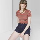 Women's Striped Short Sleeve Scoop Neck Smocked T-shirt - Wild Fable Pink