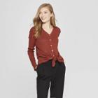 Women's Long Sleeve V-neck Rib Knit Button Front Top - A New Day Brown