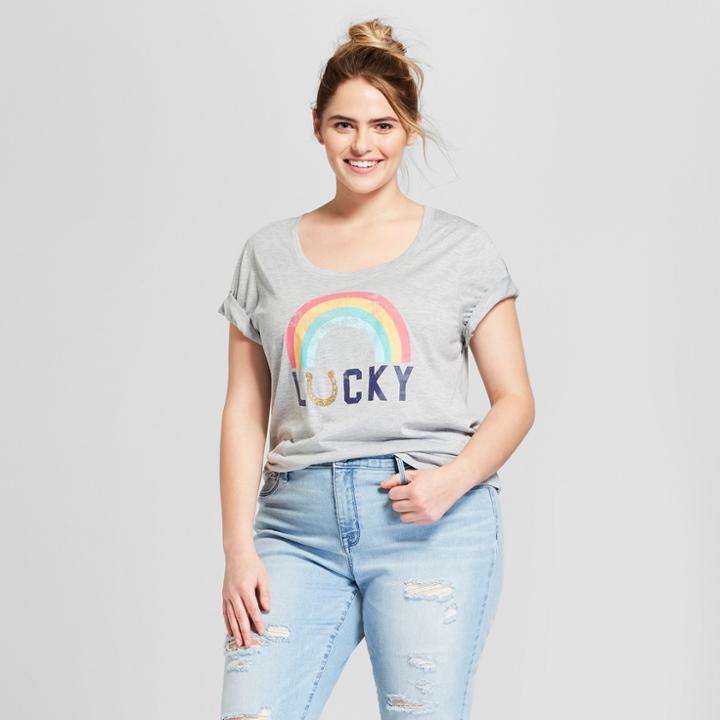 Women's Plus Size St. Patrick's Day Rainbow Lucky Scoop Neck Short Sleeve Graphic T-shirt - Grayson Threads (juniors') - Gray