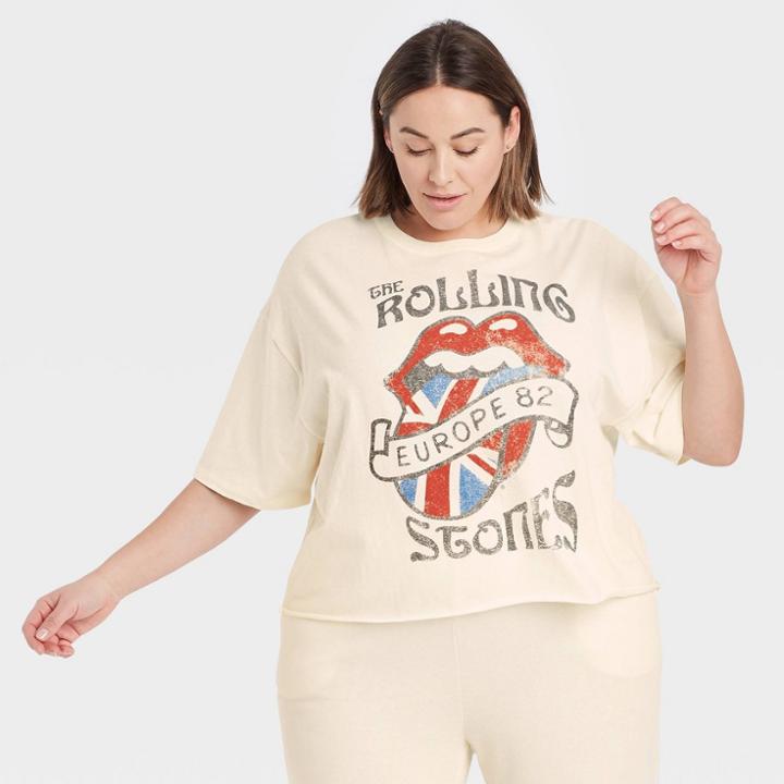 The Rolling Stones Women's Rolling Stones Plus Size Europe 82 Short Sleeve Cropped Graphic T-shirt - Beige