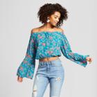 Women's Floral Print Off The Shoulder Long Sleeve Cropped Top - Xhilaration Blue