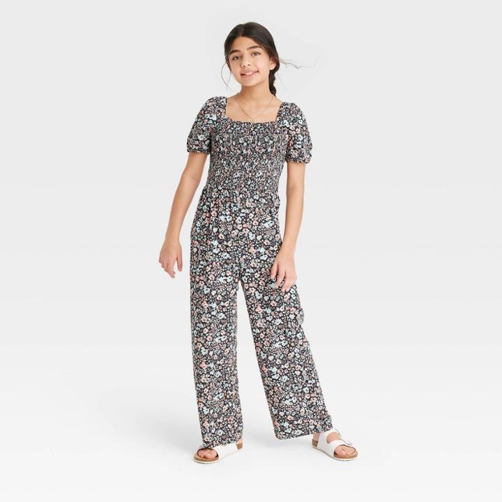 Girls' Puff Short Sleeve Smocked Jumpsuit - Art Class Black Floral