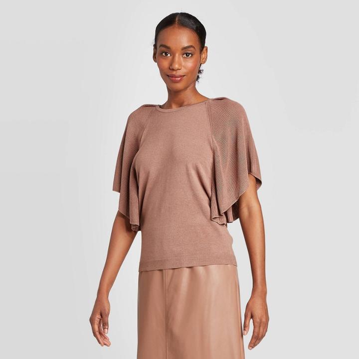 Women's Crewneck Flutter Short Sleeve Pullover Sweater - Prologue Brown