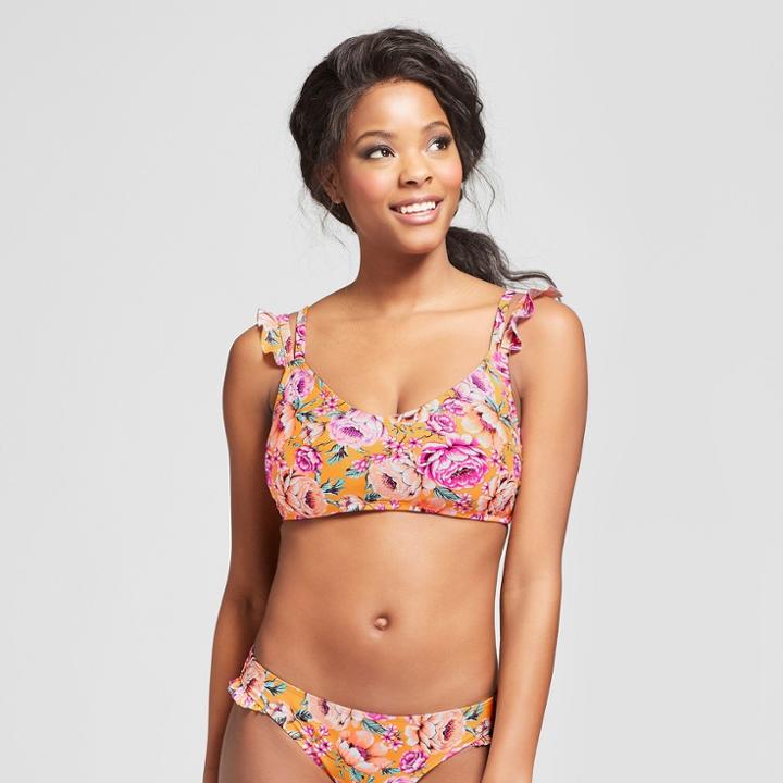 Women's Ruffle Bralette Bikini Top - Xhilaration Marigold Floral D/dd Cup, Yellow