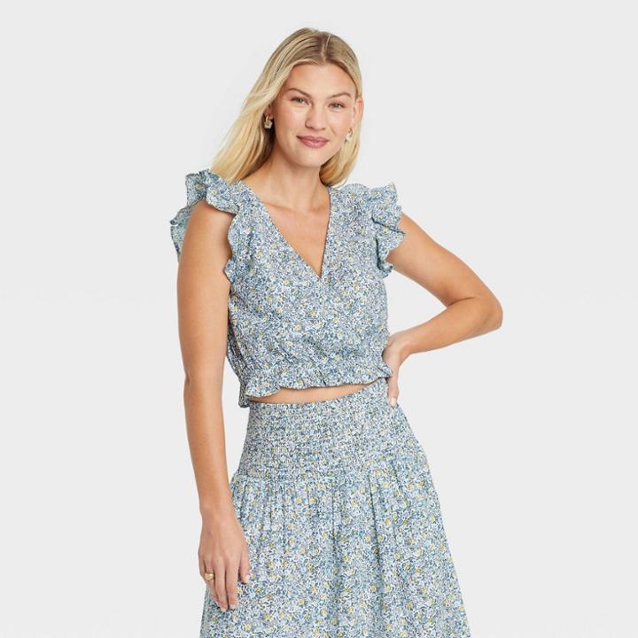 Women's Flutter Sleeveless Cropped Wrap Top - Universal Thread Blue Floral