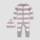 Burt's Bees Baby Girls' Organic Cotton Rugby Stripe Convertible Cuff Coverall & Hat Set - Blossom
