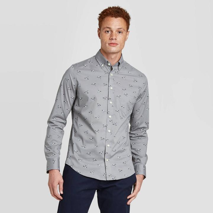 Men's Animal Print Slim Fit Stretch Performance Long Sleeve Button-down Shirt - Goodfellow & Co Dark Gray