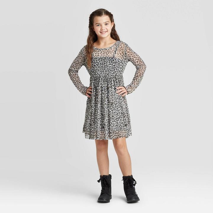 Girls' Long Sleeve Mesh Dress - Art Class Gray M, Girl's,
