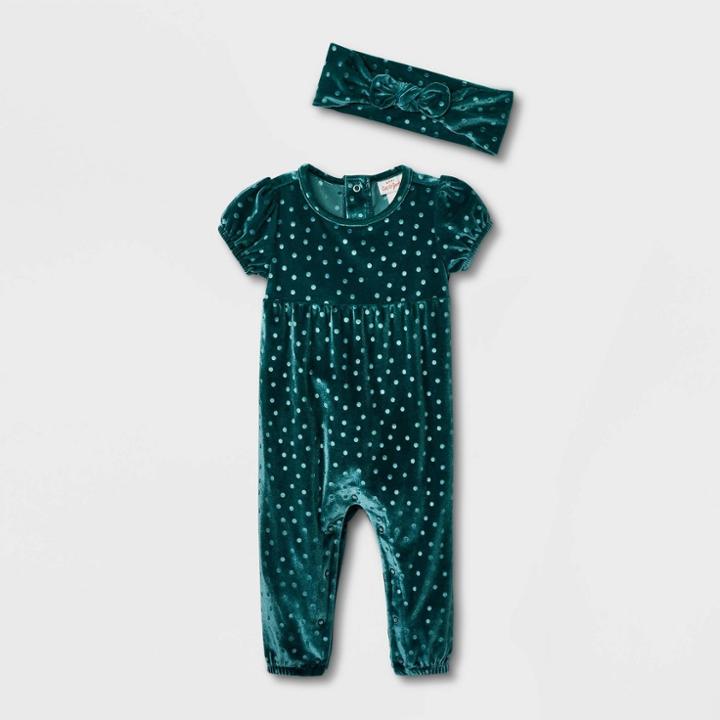 Baby Girls' Dot Velour Short Sleeve Romper - Cat & Jack Green Newborn