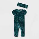 Baby Girls' Dot Velour Short Sleeve Romper - Cat & Jack Green Newborn