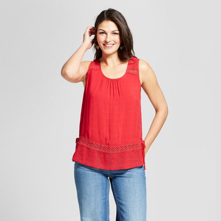 Women's Sleeveless Eyelet Trim Textured Tank - Knox Rose Red