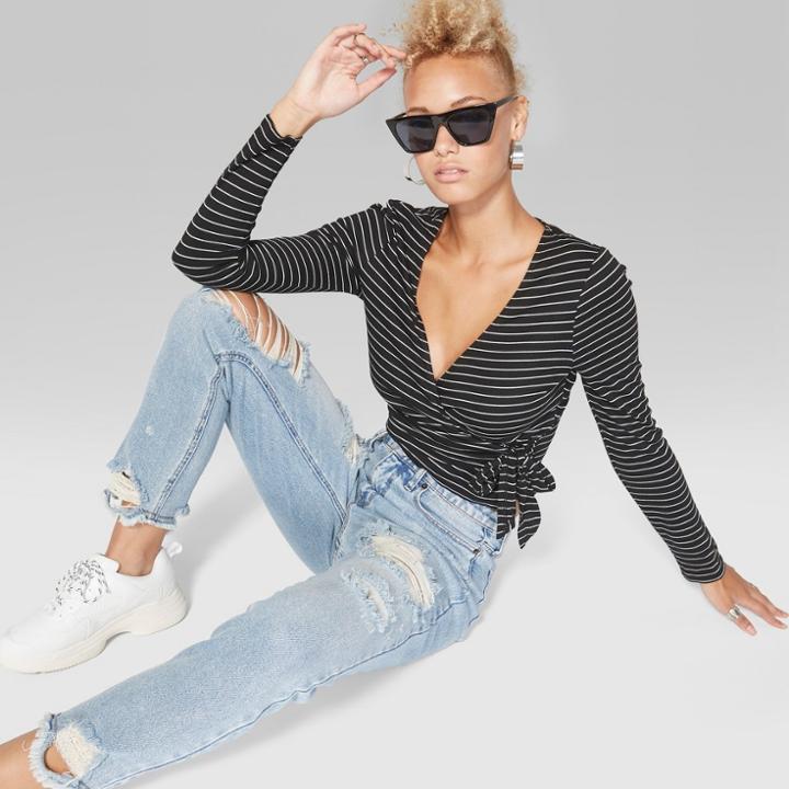 Women's Striped Long Sleeve Tie Front Wrap Top - Wild Fable Black/white
