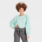 Women's Striped Long Sleeve Button-down Femme Top - A New Day Green