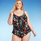 Women's Plus Size Tiered Tankini Top - Aqua Green Black Floral