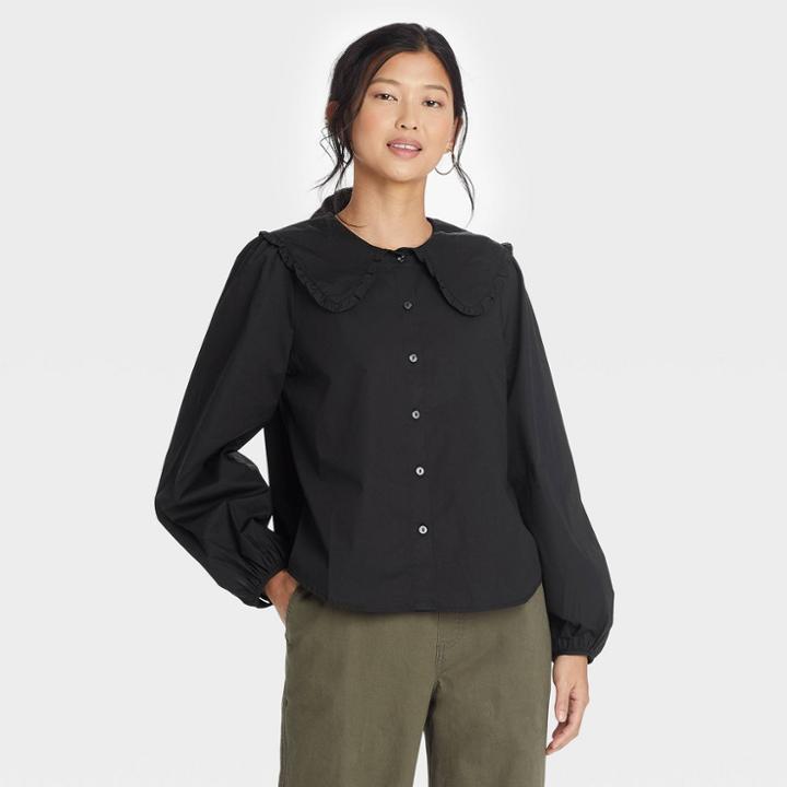 Women's Oversized Balloon Long Sleeve Button-down Shirt - A New Day Black