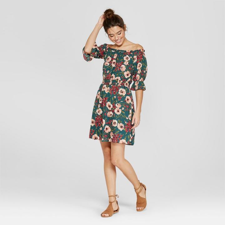 Women's Elbow Sleeve Off The Shoulder Smocked Waist Dress - Le Kate (juniors') Teal