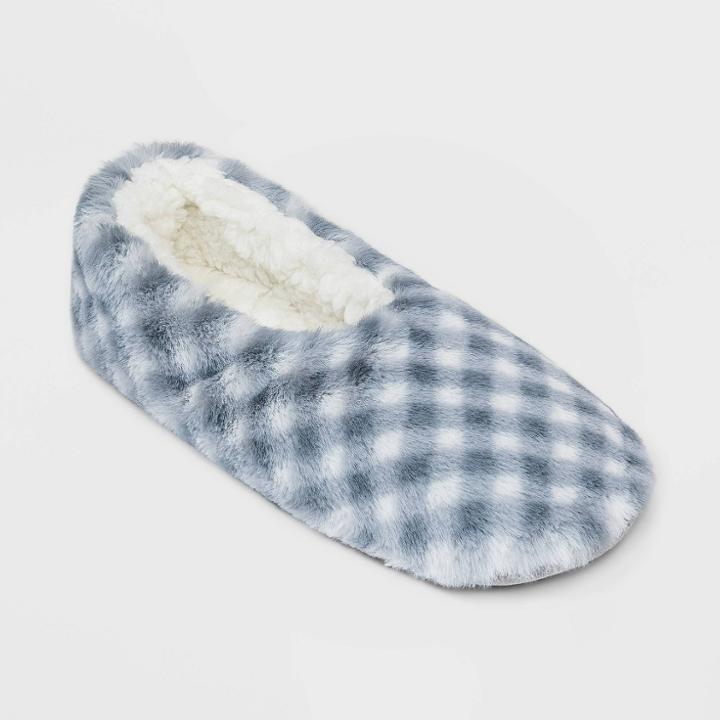 No Brand Women's Gingham Print Faux Fur Pull-on Slipper Socks - Gray/ivory