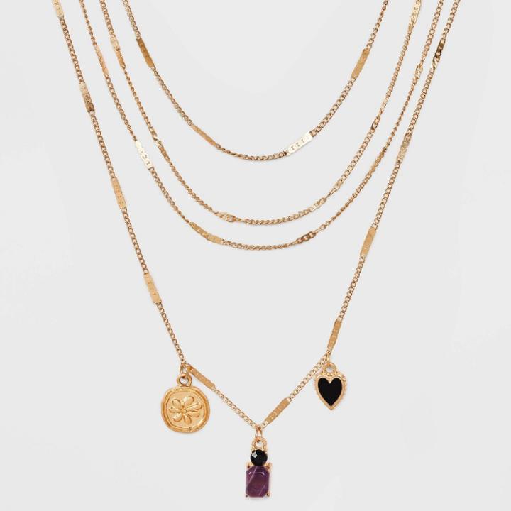 Flower And Heart Charm With Semi-precious Lepidolite Chain Necklace - Universal Thread Purple/black/gold