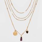 Flower And Heart Charm With Semi-precious Lepidolite Chain Necklace - Universal Thread Purple/black/gold