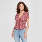 Women's Floral Print Short Sleeve Tie Front Top - Soul Cake (juniors') Burgundy