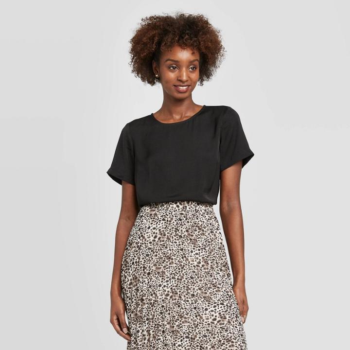 Women's Short Sleeve Round Neck Satin T-shirt - A New Day Black