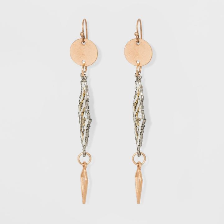 Patterned Beaded Rhombus And Metal Disc Linear Earrings - Universal Thread Gold,