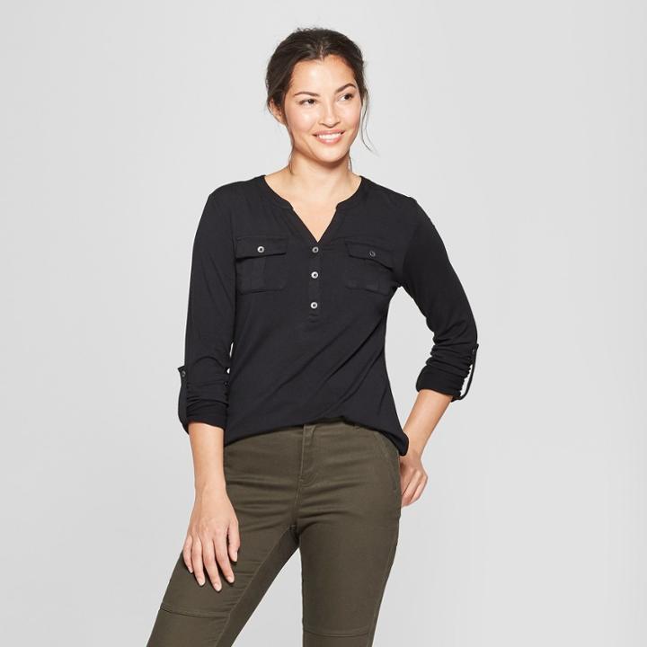 Women's Long Sleeve Utility Top - A New Day Black