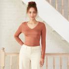 Women's Long Sleeve V-neck Fitted T-shirt - A New Day Brown