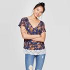 Petitewomen's Short Sleeve V-neck Floral Lace Trim T-shirt - Xhilaration Navy L, Size: