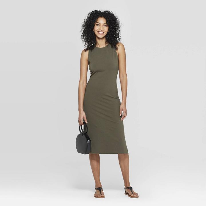 Women's Regular Fit Sleeveless Crewneck Linen Cuff T-shirt - A New Day Olive (green)