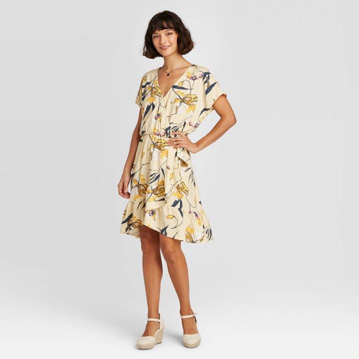 Women's Floral Print Ruffle Short Sleeve Wrap Dress - A New Day Cream Xs, Women's, Ivory