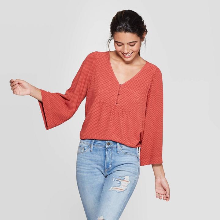 Women's Long Sleeve V-neck Peasant Top - Universal Thread Rust S, Size: