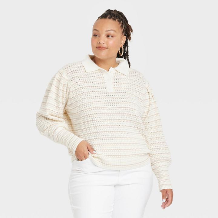 Women's Plus Size Collared Pullover Sweater - Ava & Viv Cream