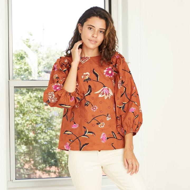 Women's Floral Print Puff 3/4 Sleeve Eyelet Blouse - Universal Thread Brown