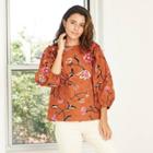Women's Floral Print Puff 3/4 Sleeve Eyelet Blouse - Universal Thread Brown