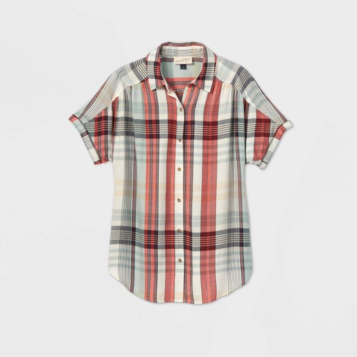 Women's Plaid Short Sleeve Collared Button-front Shirt - Universal Thread Red