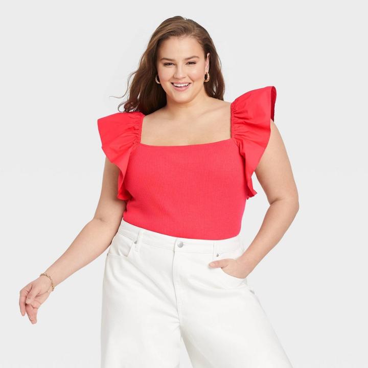 Women's Plus Size Ruffle Top - A New Day Red