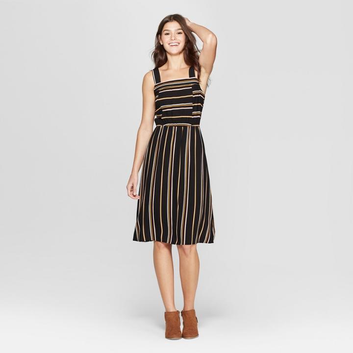 Women's Striped Strappy Square Neck Midi Dress - Xhilaration Black/yellow