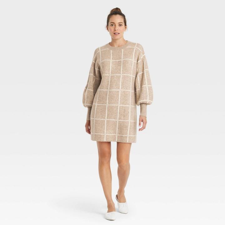 Women's Long Sleeve Sweater Dress - A New Day Beige