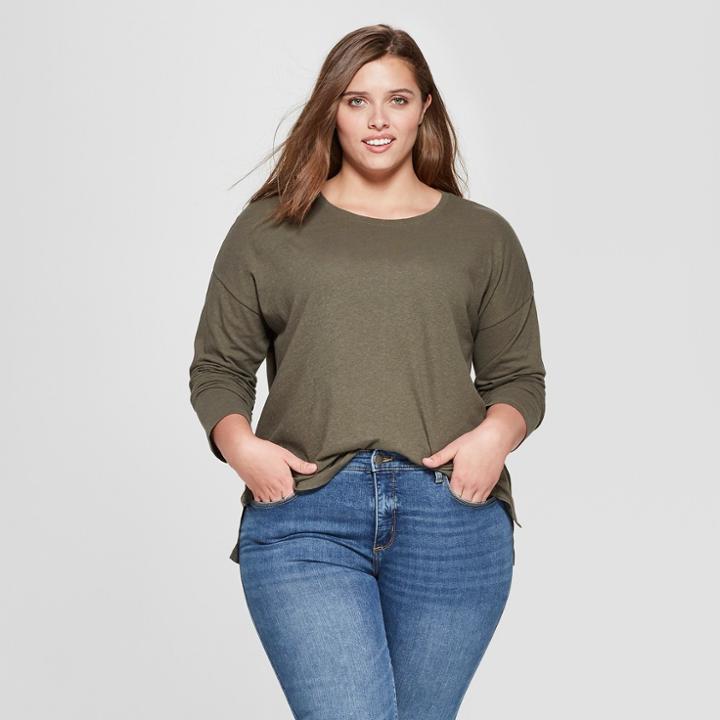 Women's Plus Size Long Sleeve T-shirt - Universal Thread Olive (green)