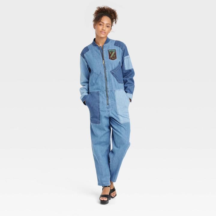Houston White Adult Long Sleeve Flight Jumpsuit - Blue Denim Patchwork Xxs/xs
