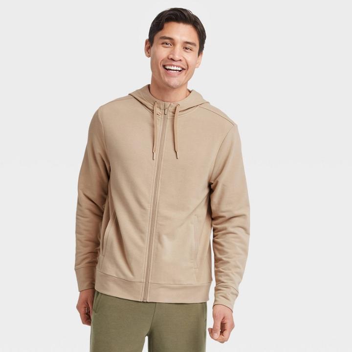 Men's Soft Gym Full Zip Hooded Sweatshirt - All In Motion Khaki