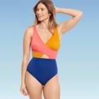 Women's Slimming Control Colorblock Wrap-front One Piece Swimsuit - Beach Betty By Miracle Brands Multi S, Blue/pink/blue