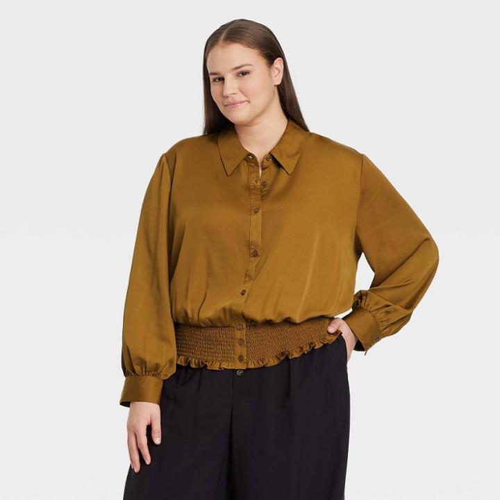 Women's Plus Size Bishop Long Sleeve Smocked Button-down Shirt - Who What Wear Brown
