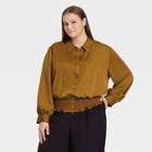 Women's Plus Size Bishop Long Sleeve Smocked Button-down Shirt - Who What Wear Brown