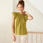 Women's Floral Print Flutter Short Sleeve Embroidered Blouse - Universal Thread Green