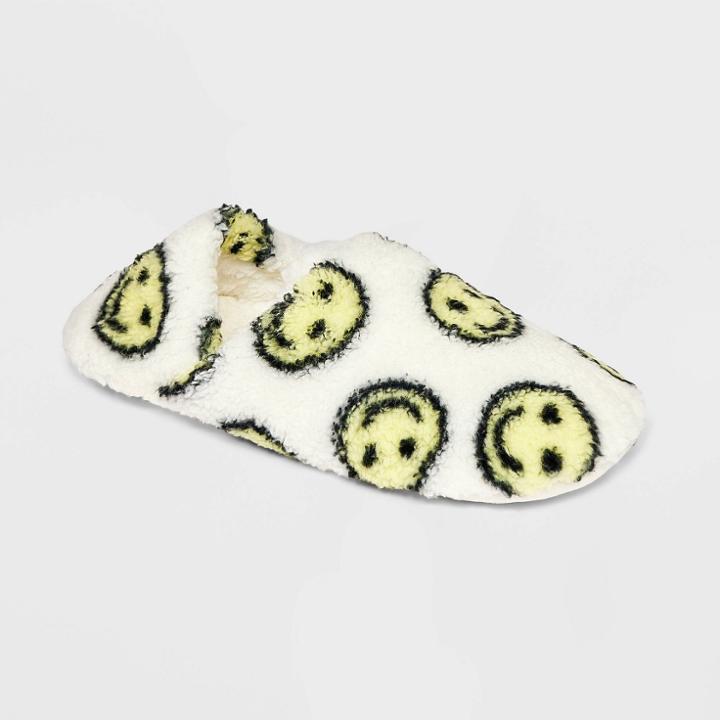 No Brand Women's Smiley Face Cozy Fleece Pull-on Slipper Socks With Grippers - Ivory