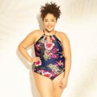 Women's Plus Size Key Hole Braided Strap One Piece Swimsuit - Kona Sol Navy Floral