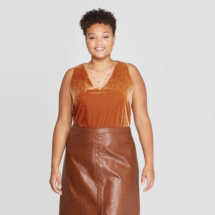 Women's Plus Size V-neck Velour Tank Top - Ava & Viv Tan X, Women's