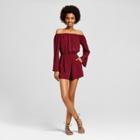 Women's Off The Shoulder Long Sleeve Romper - Xhilaration (juniors') Burgundy (red)